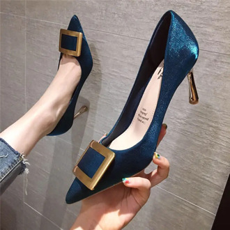 Cresfimix Women Fashion Sweet Navy Blue Comfort Spring High Heels for Office Ladies Casual Golden Summer High Heel Shoes C5533