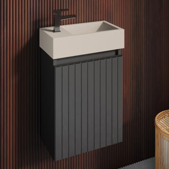 Crest toiletmeubel ribbelfront mat zwart 40x22cm met beige fontein links
