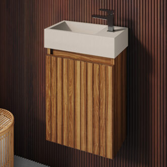 Crest toiletmeubel ribbelfront walnoot 40x22cm met beige fontein rechts