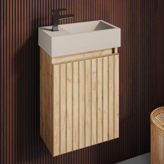 Crest toiletmeubel ribbelfront warm eiken 40x22cm met beige fontein links