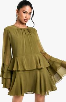 Crinkle Chiffon Minijurk Met Ruffles En Uitlopende Mouwen, Olive - 38