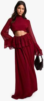 Crinkle Chiffon Ruffle Flare Mouw Maxi Jurk, Burgundy - 38