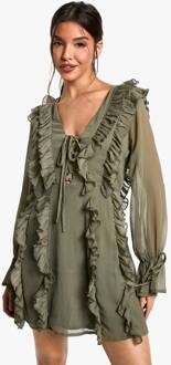 Crinkle Chiffon Ruffle Shift Jurk, Dark Olive - 38