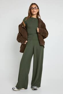Crinkle Rib Broek Met Wijde Pijpen, Khaki - 44