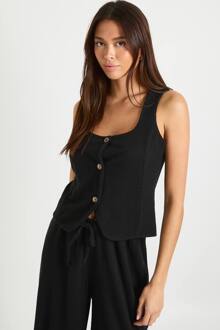 Crinkle Rib Top Met Scoop-Hals En Doorlopende Knoopsluiting, Black - 42