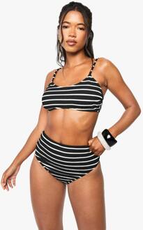 Crinkle Stripe Scoop Bikini Top & High Leg Bikini Bottoms Set, Black - 34