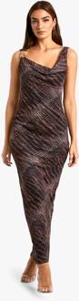 Croc Print Cowl Mesh Slip Jurk, Brown - 36