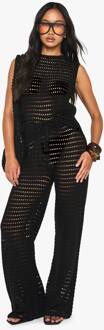 Crochet Gebreide Top Met Hoge Hals En Broek Met Wijde Pijpen, Black - S