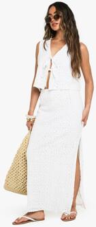 Crochet Side Split Maxi Rok, White - 34