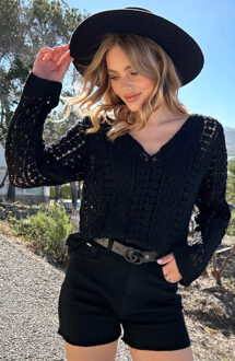 Crochet Top Lange Mouw Katoen Zwart