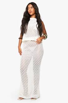 Crochet Top Met Knoop Aan De Achterkant, Peplum En Maxi Rok Co-Ord, Cream - S