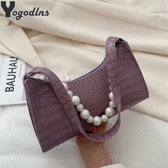 Crocodile Pattern Baguette Handbag Purse For Woman 2020 Ladies Small Shoulder Bags Fashion Pearl Design PU Leather Armpit Bag