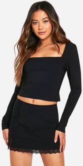 Crop & Mini Rok Met Kantdetail En Vierkante Hals, Black - 40