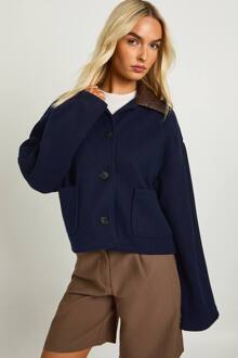 Cropped Jas Met Wollen Uitstraling En Namaak Leren Kraag, Navy - 44