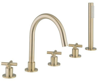 Crosswater MPRO Crosshead badrandkraan 5 gats met handdouche messing geborsteld PRC450DF Messing geborsteld (goud)