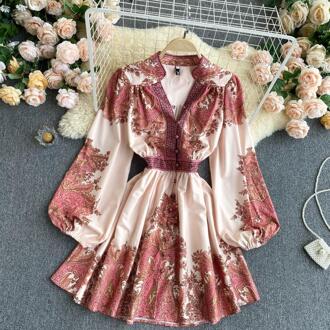 Croysier Mode Jurken Voor Vrouwen Elegante Vintage Paisley Print Runway Jurk V Hals Lange Mouw Front Button Mini Jurk