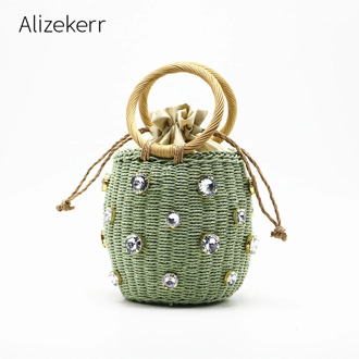 Crystal Diamond Straw Bag Women 2020 New Summer Rattan Ring Handle Woven Circle Beach Bag Ladies Barrel Shape Handbag Holiday