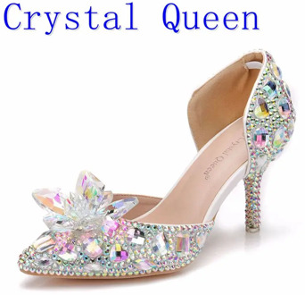 Crystal Queen Bling Bling Stones Glass Stiletto High Heels Sexy Pointed Toe Bridal Pumps Diamond Wedding Shoes Women Sandals 7CM