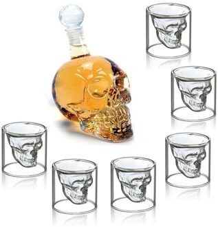 Crystal Skull Head Shot Glazen Cup Set 700Ml Whisky Wijn Glazen Fles 75Ml Glazen Cups Decanter Thuis Bar vodka Drinken Mokken 1decanter en 6cups