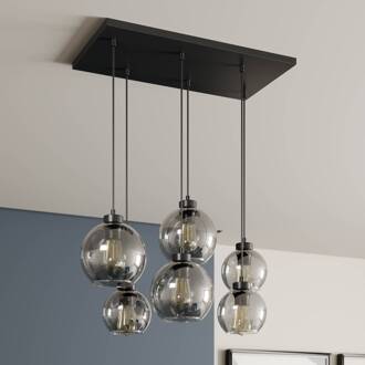 Cubus hanglamp, rookgrijs, glas, 74 cm lang, 6-lamps rookgrijs-transparant, zwart