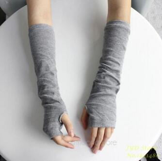 Cuhakci Gebreide Bescherming Vingerloze Lange Handschoenen Vrouwen Arm Warmers Effen Warme Wanten Half Vinger Mouwen Zwart GA008 licht grijs