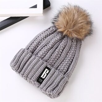 Cuhakci Winter Skullies Poms Hoeden Gebreide Cap Vrouwen Bal Wol Bont Dikke Warme Knit Meisjes Ski Mutsen M187 grijs