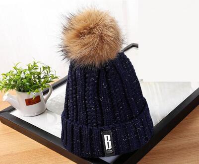 Cuhakci Winter Skullies Poms Hoeden Gebreide Cap Vrouwen Bal Wol Bont Dikke Warme Knit Meisjes Ski Mutsen M187 marine