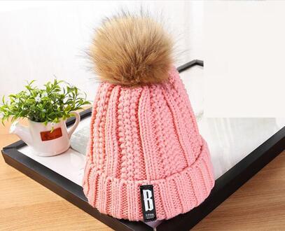 Cuhakci Winter Skullies Poms Hoeden Gebreide Cap Vrouwen Bal Wol Bont Dikke Warme Knit Meisjes Ski Mutsen M187 roze