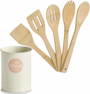 Cuisine Elegance Bamboe hout keuken spatelsset 5-delig met metalen houder