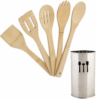 Cuisine Elegance Bamboe hout keuken spatelsset 5-delig met metalen houder