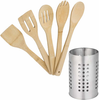 Cuisine Elegance Bamboe hout keuken spatelsset 5-delig met metalen houder