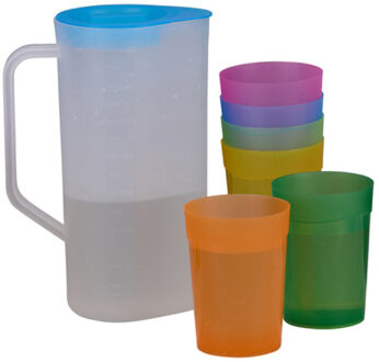 Cuisine Elegance Waterkan/sapkan en 6 bekers - kleurenmix - 1.5 liter - kunststof - 24 x 16 cm