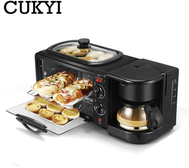CUKYI 3 In 1 Electric Breakfast Machine Multifunction Coffee maker frying pan mini oven household bread pizza oven frying pan