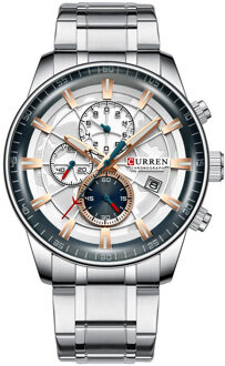 Curren Horloges Heren Mode Sport Horloge Met Chronograaf Lichtgevende Handen Klok Mannelijke Horloge Blauw Rvs Band zilver roos