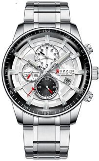 Curren Horloges Heren Mode Sport Horloge Met Chronograaf Lichtgevende Handen Klok Mannelijke Horloge Blauw Rvs Band zilver