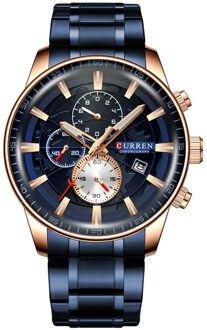 Curren Horloges Heren Mode Sport Horloge Met Chronograaf Lichtgevende Handen Klok Mannelijke Horloge Blauw Rvs Band zwart