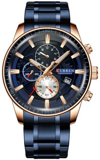 Curren Horloges Heren Mode Sport Horloge Met Chronograaf Lichtgevende Handen Klok Mannelijke Horloge Blauw Rvs Band