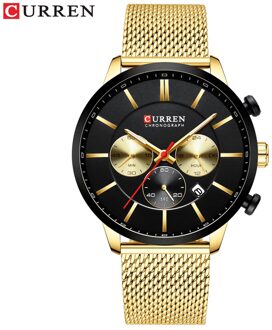Curren Luxe Mode Quartz Klok Heren Horloge Causale Sport Horloges Mannen Chronograaf En Datum Horloge Met Stalen Mesh goud zwart