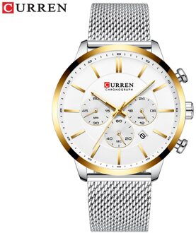 Curren Luxe Mode Quartz Klok Heren Horloge Causale Sport Horloges Mannen Chronograaf En Datum Horloge Met Stalen Mesh zilver goud