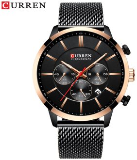 Curren Luxe Mode Quartz Klok Heren Horloge Causale Sport Horloges Mannen Chronograaf En Datum Horloge Met Stalen Mesh zwart
