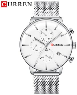 Curren Mannen Horloge Sport Chronograaf Heren Horloges Waterdicht Analoge 24 Uur Datum Quartz Horloge Mannen Relogio Masculino zilver wit