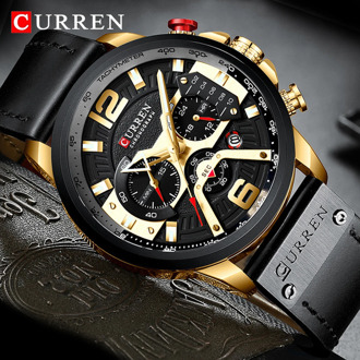 CURREN Men's Watches For Male Black Gold Top Luxury Military Leather Waterproof Watch Man Chronograph Clock Men Gift WristWatch