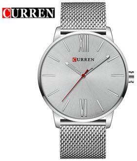 Curren Mode Ultra-Dunne Klassieke Quartz Horloges Zakelijke Mannen Horloge Roestvrij Stalen Band Waterdicht Mannelijke Klok zilver wit