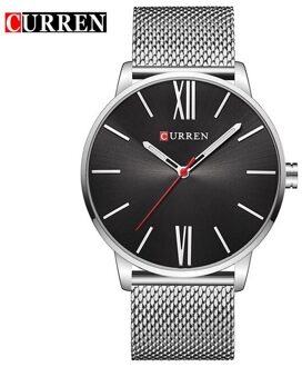 Curren Mode Ultra-Dunne Klassieke Quartz Horloges Zakelijke Mannen Horloge Roestvrij Stalen Band Waterdicht Mannelijke Klok zilver zwart