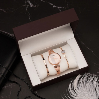 CUSSI brand wristwatches women 3 pcs fashion stainless steel bracelets with big watch box set for girlfriend gift rose gold hot