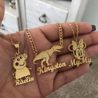 Custom Gold Plate Cartoon Name Pendent Necklace Kids Cartoon Character Necklaces Personalized Stainless Steel Necklace Gifts