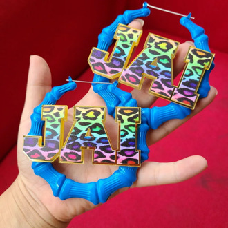 Custom leopard print Name hoop bamboo earrings