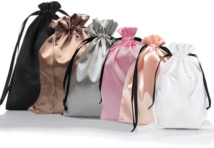Custom Logo Silk Satin Drawstring Gift Bags Virgin Hair Jewelry Makeup Packaging Bag Black White Silver Pink Silk Pouch
