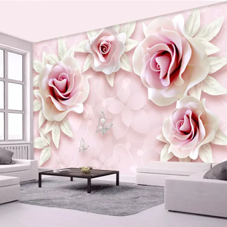 Custom Mural Wallpaper Fresh Simple 3D Embossed Pink Rose Art Mural Living Room Bedroom TV Background Wall Cloth Wall Painting