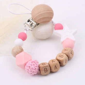 Custom Name Baby Pacifier Clip Chains Beech Wood Bead Star Silicone Beads Soother Chain Baby Teether Toy Nipple Holder